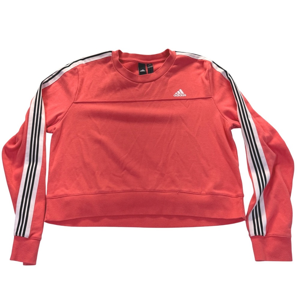 Adidas Womens Cropped Sweatshirt Coral Pink 3-Stripe French Terry Pullover Med